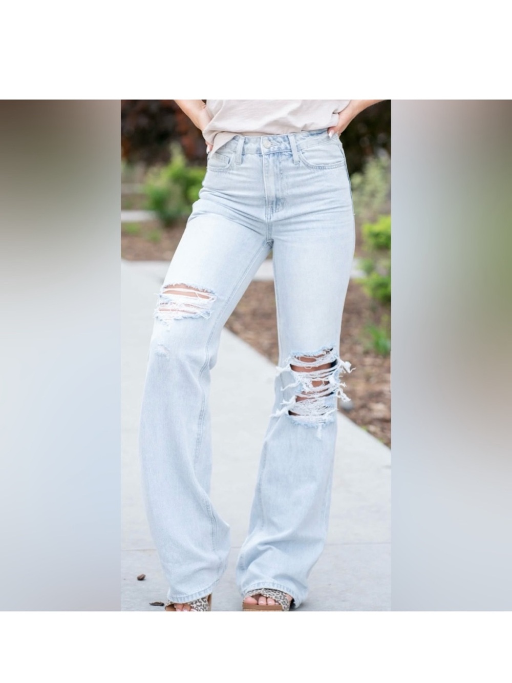 High-Rise Light Blue Distressed Wide-Leg Jeans
